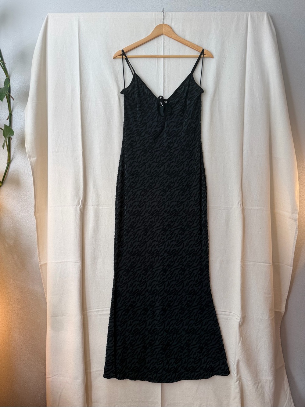 Bear Dance Black Maxi Slip Dress with Subtle Jacquard Texture